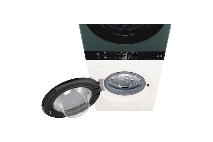 Rückansicht des LG WashTower WT1210BBF in Schwarz, die die separaten Stromanschlüsse für Waschmaschine und Trockner zeigt, mit Energieeffizienzklasse A (Waschmaschine).