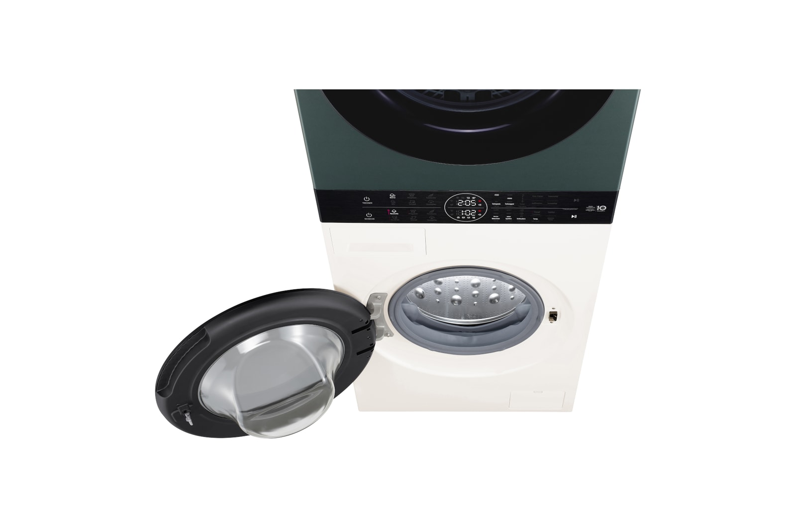 Rückansicht des LG WashTower WT1210BBF in Schwarz, die die separaten Stromanschlüsse für Waschmaschine und Trockner zeigt, mit Energieeffizienzklasse A (Waschmaschine).