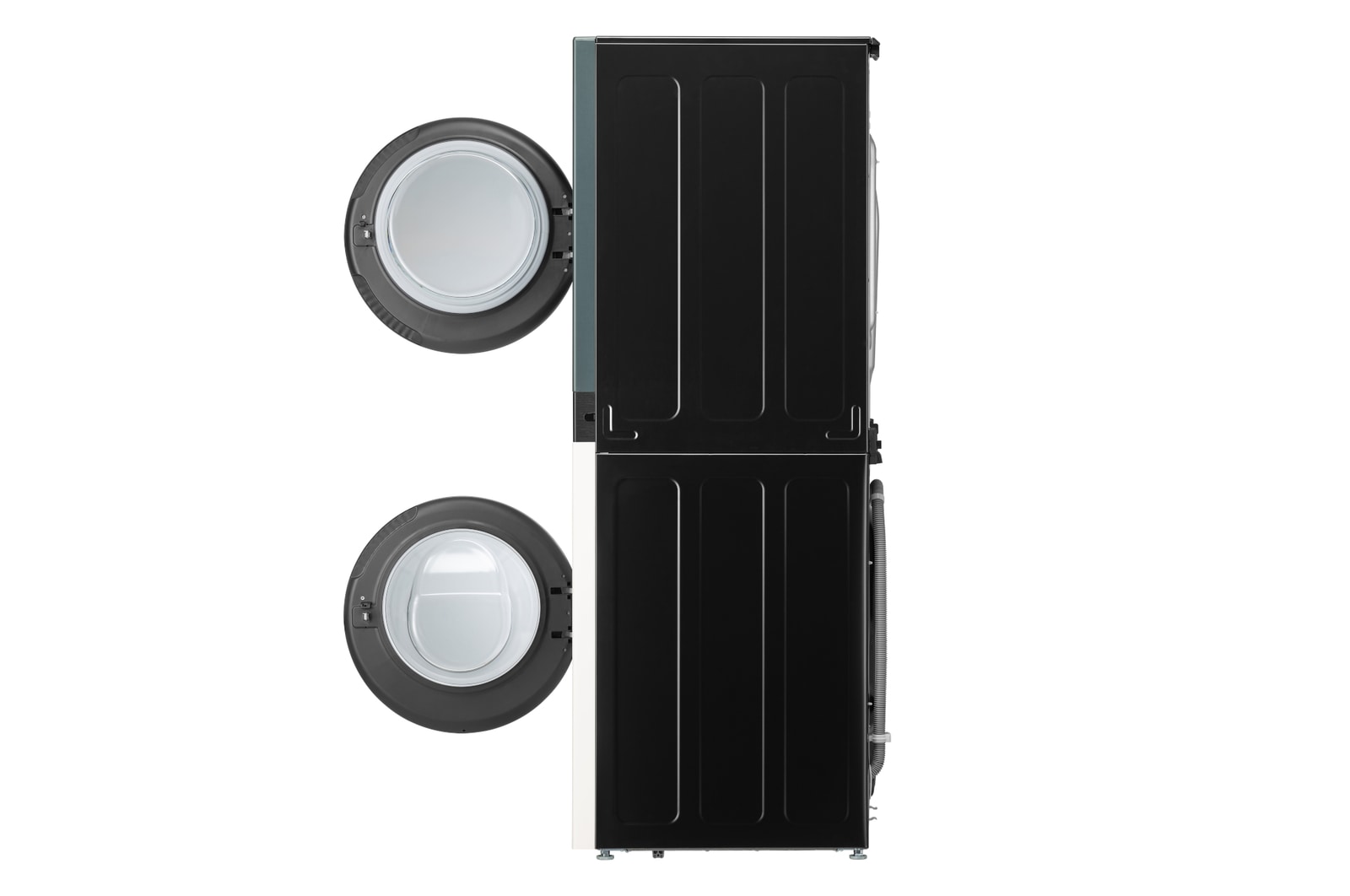 Der LG WashTower WT1210BBF in Schwarz, mit seinem platzsparenden Design in einem modernen Wäscheschrank installiert, mit Energieeffizienzklasse A (Waschmaschine).