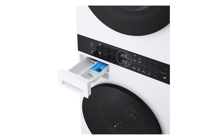 Der LG WashTower WT1210BBF in Schwarz, mit seinem platzsparenden Design in einem modernen Wäscheschrank installiert, mit Energieeffizienzklasse A (Waschmaschine).