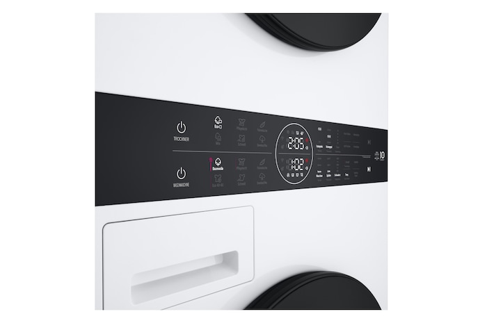 Der LG WashTower WT1210BBF in Schwarz, der das bequem zugängliche Center Control-Bedienfeld hervorhebt, mit Energieeffizienzklasse A (Waschmaschine).