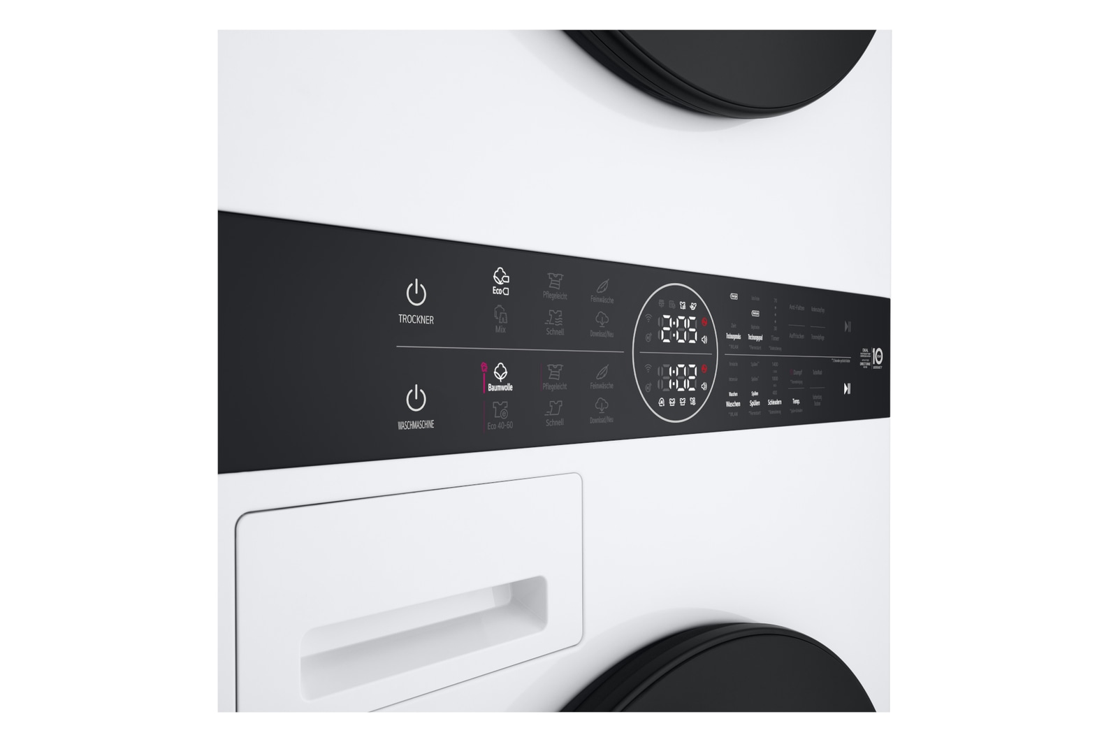 Der LG WashTower WT1210BBF in Schwarz, der das bequem zugängliche Center Control-Bedienfeld hervorhebt, mit Energieeffizienzklasse A (Waschmaschine).