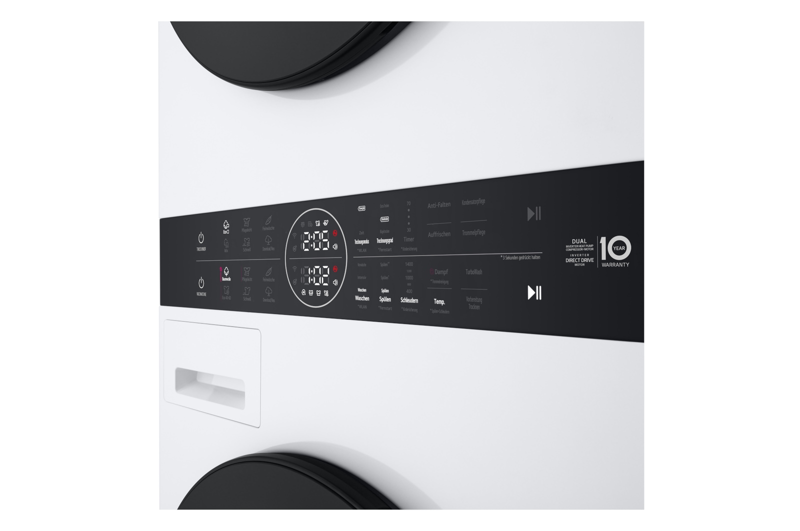 Die Smart Pairing-Funktion des LG WashTower WT1210BBF, die den Trockenzyklus automatisch mit dem Waschzyklus synchronisiert, mit Energieeffizienzklasse A (Waschmaschine).
