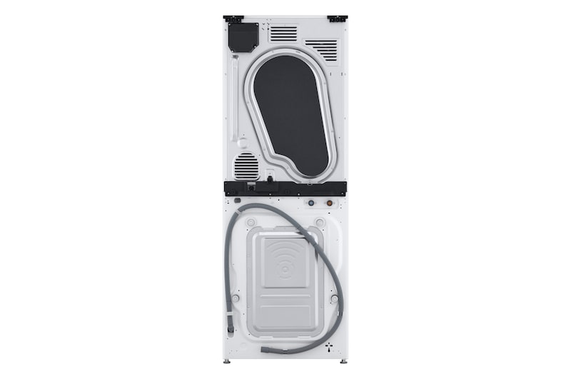 Rückansicht des LG WashTower WT1210BBF in Schwarz, die die separaten Stromanschlüsse für Waschmaschine und Trockner zeigt, mit Energieeffizienzklasse A (Waschmaschine).
