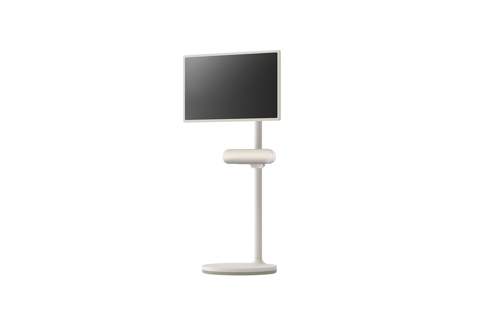 45 degree angle with the right side facing forward. The speaker is attached to LG StanbyME.