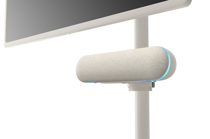 Close-up of the 45 degree angle with the speaker with mint mood lighting on attached to LG StanbyME.