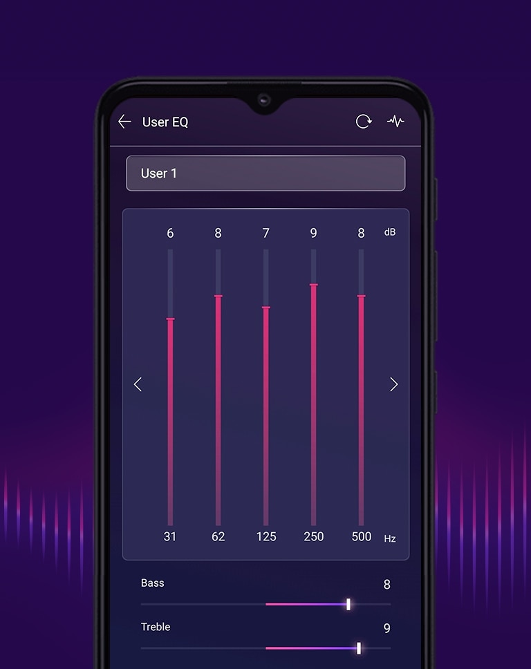 Der Handy-Bildschirm auf dem violetten Hintergrund ändert den Equalizer je nach EQ-Modus.