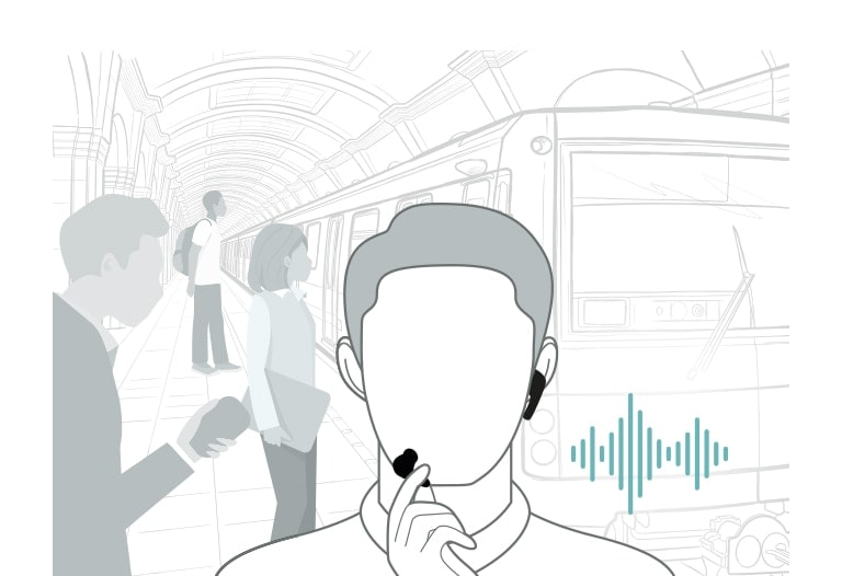 Illustration einer Person in einem U-Bahn-Ambiente, die telefoniert und einen Earbuds hält.