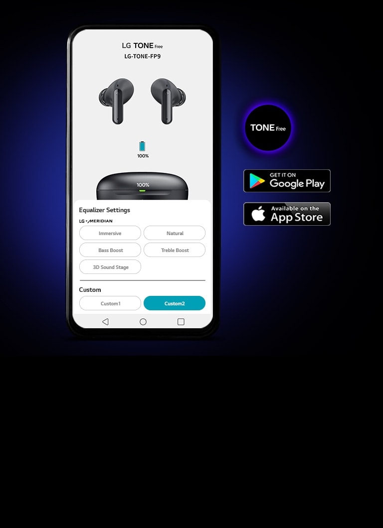Ein Smartphone zeigt die LG TONE Free-App vor einem dunklen Hintergrund. Die App-Symbole werden rechts angezeigt.