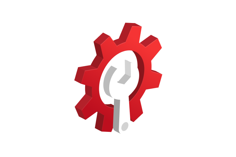 Ein graues Werkzeug Icon ist in der Mitte des großen roten Zahnrad Icon. 