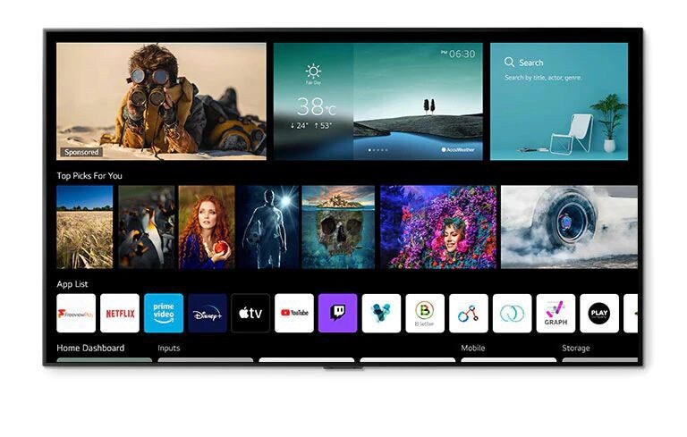 Ein TV-Bildschirm, der dem Benutzer ganz bequem das Wetter, Top-Empfehlungen, Apps und das Home Dashboard anzeigt.