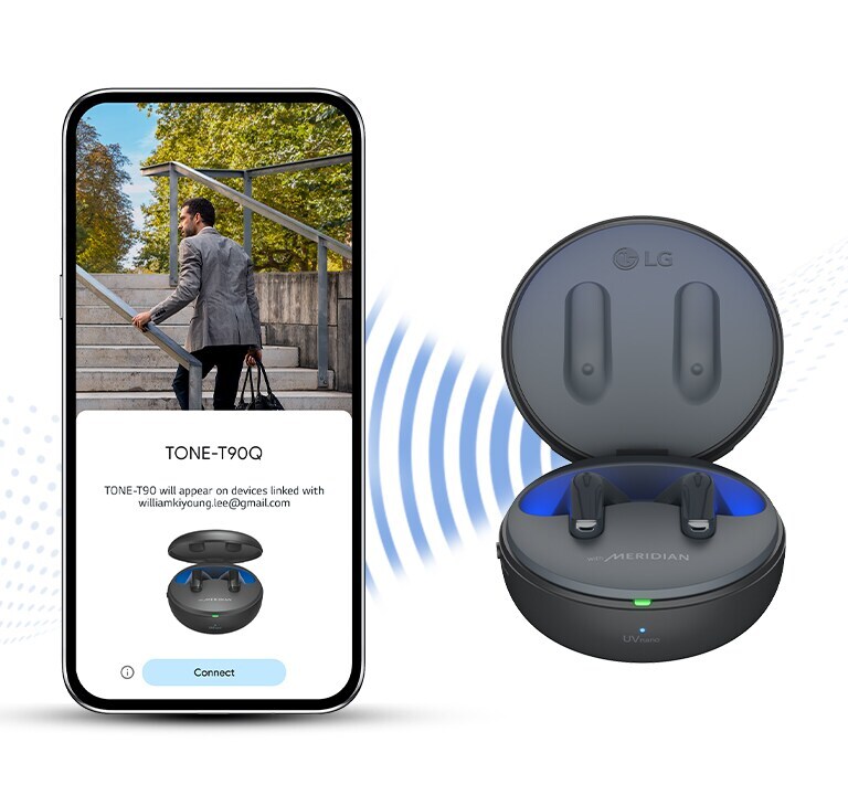 Das Ladegehäuse befindet sich neben einem Smartphone und dazwischen befindet sich eine Verbindungsgrafik.