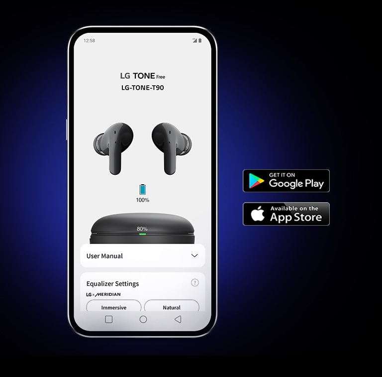 Ein Smartphone zeigt die LG TONE Free App vor einem dunklen Hintergrund. Symbole für Made for iPhone und Get it on Google Play befinden sich rechts.