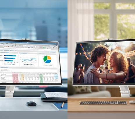 Auf dem linken Bild zeigt ein LG Smart Monitor Swing in einem Büro verschiedene Diagramme an, während auf dem rechten Bild ein LG Smart Monitor Swing zu Hause einen Film abspielt.