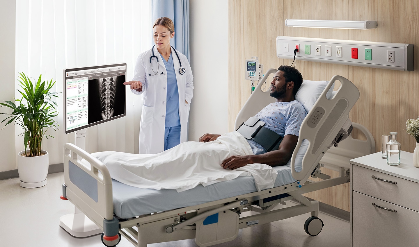 Ein Patient liegt in einem Krankenhausbett, zwei medizinische Fachkräfte stehen neben ihm. Neben dem Arzt befindet sich ein LG Smart Monitor Swing. Ein Patient liegt in einem Krankenhausbett, zwei medizinische Fachkräfte stehen neben ihm. Neben dem Arzt befindet sich ein LG Smart Monitor Swing.