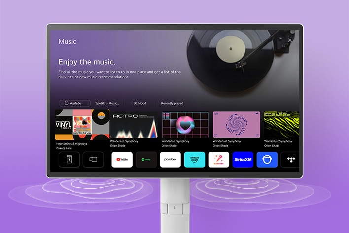 Der LG Smart Monitor Swing Bildschirm zeigt die Benutzeroberfläche der Musik-Apps an.