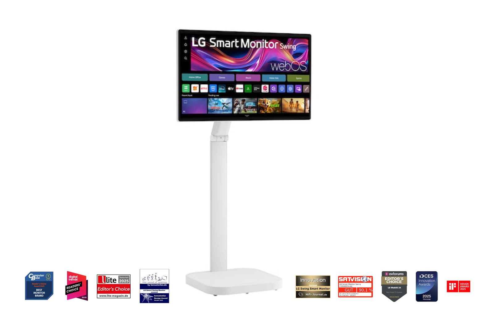 Vorderseite von LG Smart Monitor Swing | 31,5 Zoll 4K-UHD IPS-Smart Monitor mit Touchscreen und Standfuß mit Rollen 32U889SA-W