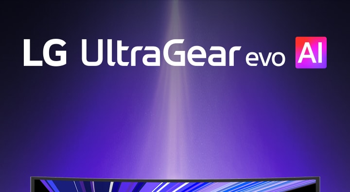 Das UltraGear™ evo AI-Logo in einem futuristischen, neonbeleuchteten Raum.