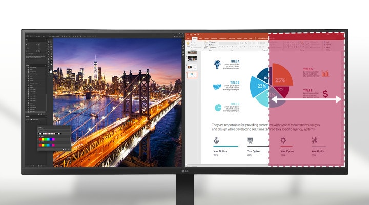 A 21:9 WQHD curved monitor displays Photoshop and PowerPoint, and its large screen allows multiple programs to be used simultaneously, increasing work efficiency.	