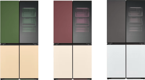 Die oberen und unteren Tafeln des LG MoodUP Refrigerator zeigen verschiedene Farbthemen.