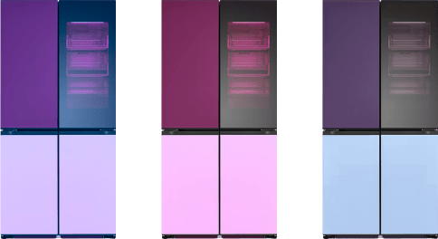 Die oberen und unteren Tafeln des LG MoodUP Refrigerator zeigen verschiedene Farbthemen mit Stimmung.