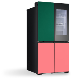 Zusätzliche geheime Gutscheine und LG MoodUP Kühlschrank obere und untere Panels zeigen verschiedene Farbthemen.