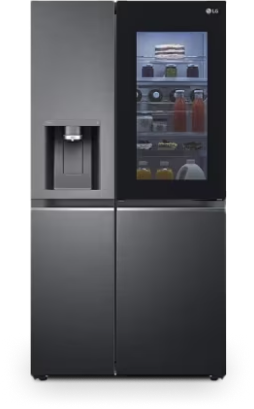 LG InstaView Side by Side Kühlschrank mit Glastür oben rechts, die es ermöglicht, ins Innere des Kühlschranks zu sehen.