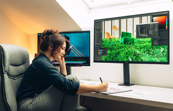 Eine Frau skizziert in einem gemütlichen Home Office mit zwei Monitoren, auf denen Bearbeitungssoftware und lebendige Naturbilder angezeigt werden.