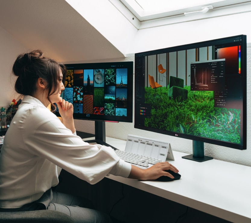 Eine Frau arbeitet an einem Schreibtisch mit einem Setup aus zwei Monitoren und konzentriert sich auf die Bearbeitung lebendiger Bilder in einem gut beleuchteten Home Office.