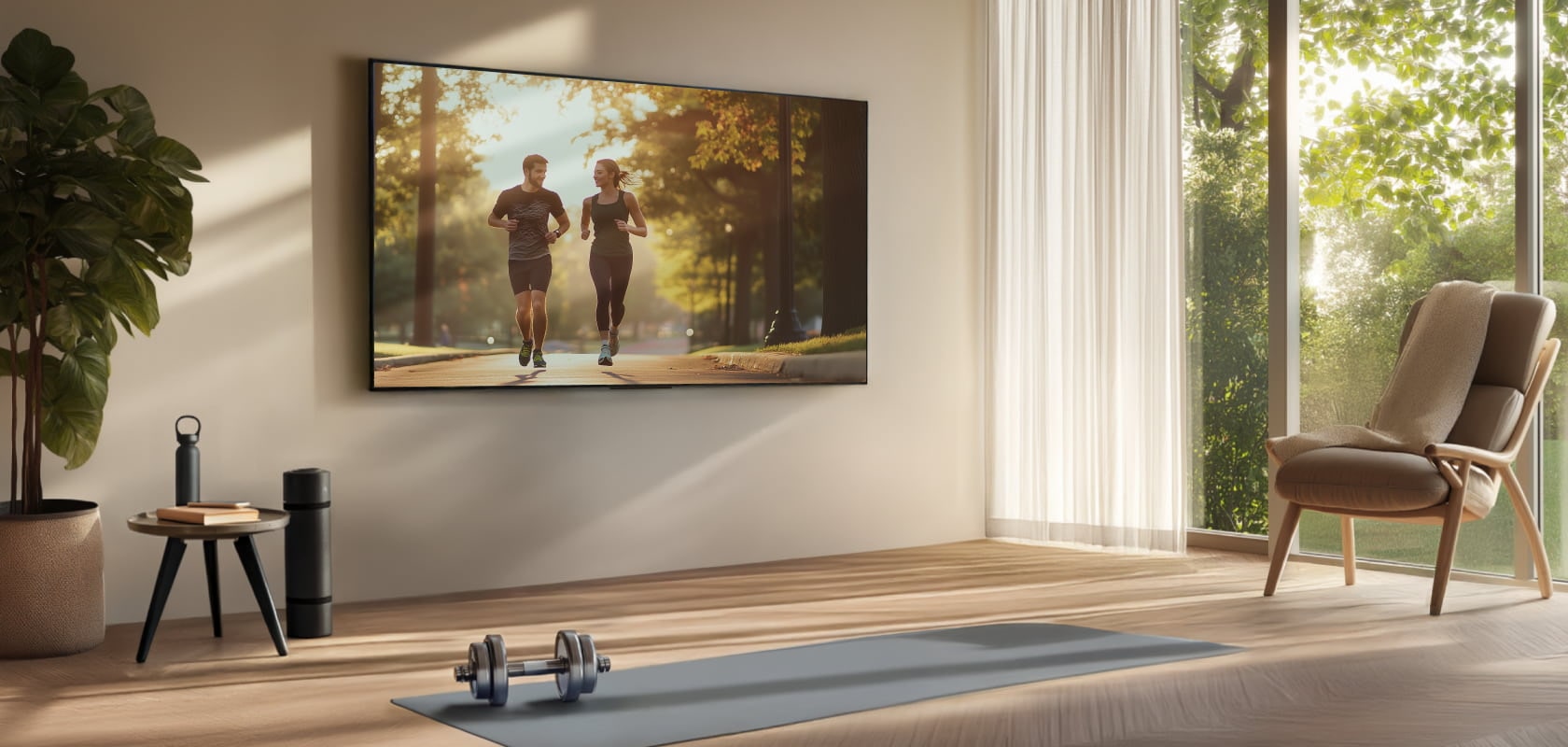 Heller Wohnraum mit einem LG OLED TV, der eine Laufszene zeigt, Yogamatte, Hanteln und einem gemütlichen Stuhl vor großen Fenstern.