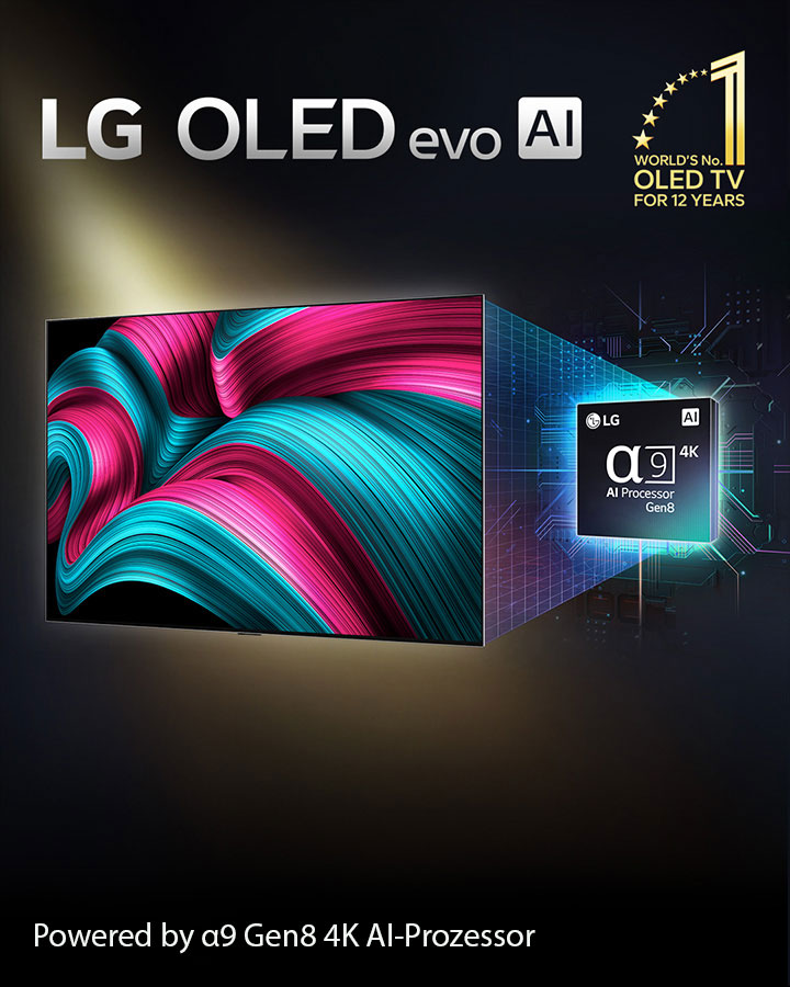 Auf dem Bildschirm eines LG OLED evo AI TVs ist ein abstraktes Bild mit beeindruckenden Details, Farben und Kontrasten zu sehen. Hinter dem Fernseher befindet sich eine vergrößerte Version des alpha 9 Gen8 4K AI-Prozessors. Er leuchtet und die Mikrochip-Schaltkreise um ihn herum sind beleuchtet. Der Titel lautet LG OLED evo AI. Außerdem ist der Text „Powered by LG alpha 9 Gen8 4K AI-Prozessor“ zu sehen. In der Ecke befindet sich ein goldenes Logo mit Sternen, auf dem steht: „World's number one OLED TV for 12 years“.