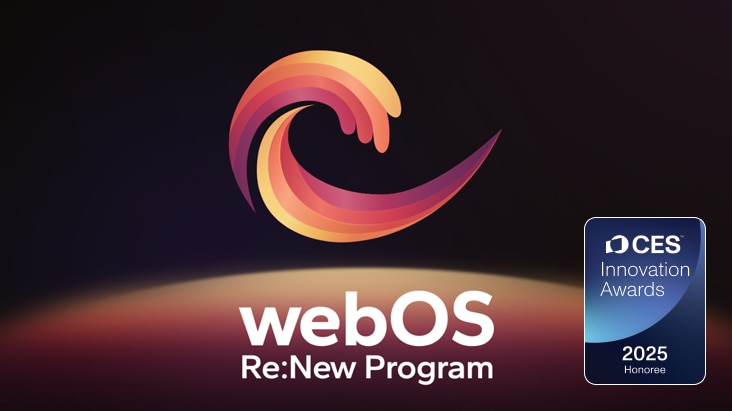 Logo und Name des webOS Re:New-Programms mit dem CES Innovation Award 2025 Honoree-Badge daneben. 