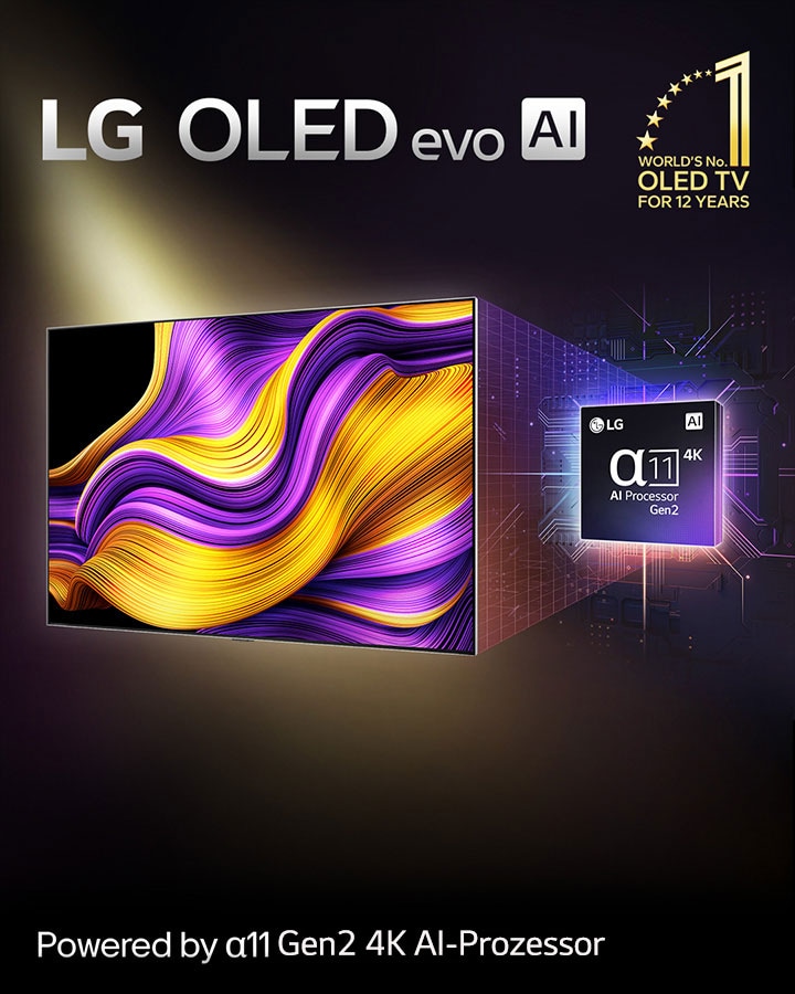 Auf dem Bildschirm eines LG OLED evo AI TVs ist ein abstraktes Bild mit beeindruckenden Details, Farben und Kontrasten zu sehen. Eine vergrößerte Version des alpha 11 Gen2 4K AI-Prozessors befindet sich hinter dem Fernseher. Er leuchtet und die Mikrochip-Schaltkreise um ihn herum sind beleuchtet. Der Titel lautet LG OLED evo AI. Außerdem ist der Text „Powered by LG alpha11 Gen2 4K AI-Prozessor“ zu sehen. In der Ecke befindet sich ein goldenes Logo mit Sternen, auf dem steht: „World's number one OLED TV for 12 years“. 