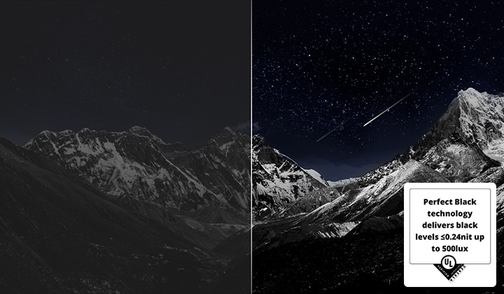 Bergkette mit dunklem Abendhimmel voller Sterne. Das Bild ist in zwei Hälften geteilt, wobei die eine Seite ein matteres, graueres Bild zeigt, während die andere Seite ein angenehmeres Bild mit einem größeren Dynamikbereich von Schwarz und Weiß zeigt. Die Perfect Black Technology liefert Schwarzwerte kleiner oder gleich 0,24 nit bei bis zu 500 Lux.