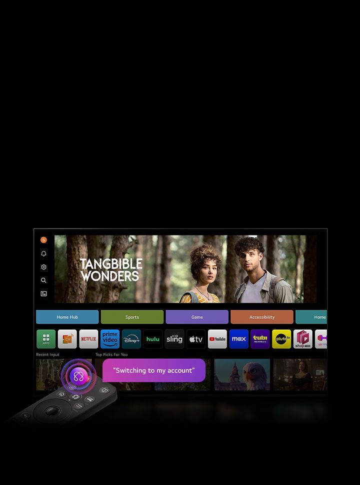 Auf dem Bildschirm eines LG OLED-Fernsehers befindet sich die webOS 25-Startseite, die mit Apps und Unterhaltungsinhalten gefüllt ist. Neben dem Fernseher befindet sich die LG AI Magic Remote-Fernbedienung. Die AI-Taste ist hervorgehoben, als ob sie durch die Stimme des Benutzers aktiviert wurde. Daneben befindet sich eine Sprechblase, in der "Wechsle zu meinem Profil" steht.