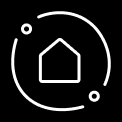 Das Home Hub-Symbol. Ein Symbol mit einem Haus in einem Kreis mit Punkten, die intelligente Verbindungen darstellen.