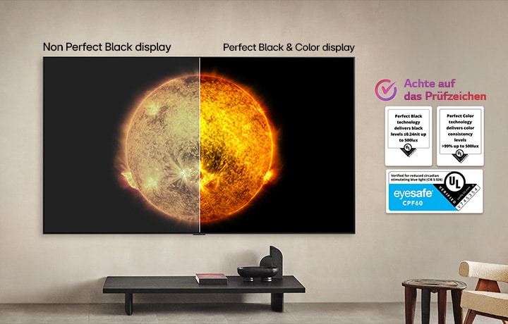 Ein LG OLED TV zeigt einen visuellen Vergleich zwischen einem Display mit perfektem Schwarz und perfekte Farben sowie einem ohne. UL- und Eyesafe-Zertifizierungen sind sichtbar mit einem Text, der auffordert, auf die Prüfzertifikate zu achten.