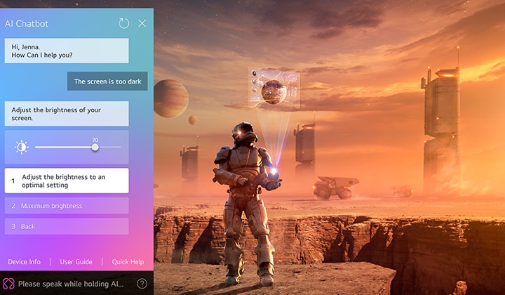 Bildschirm eines Benutzers, der den Personalisierungsprozess des AI Picture Wizard durchläuft. Es wird eine Reihe von Bildern angezeigt, wobei die Auswahl des Benutzers hervorgehoben wird. Ein Ladesymbol erscheint und ein Querformatbild wird von links nach rechts verbessert.