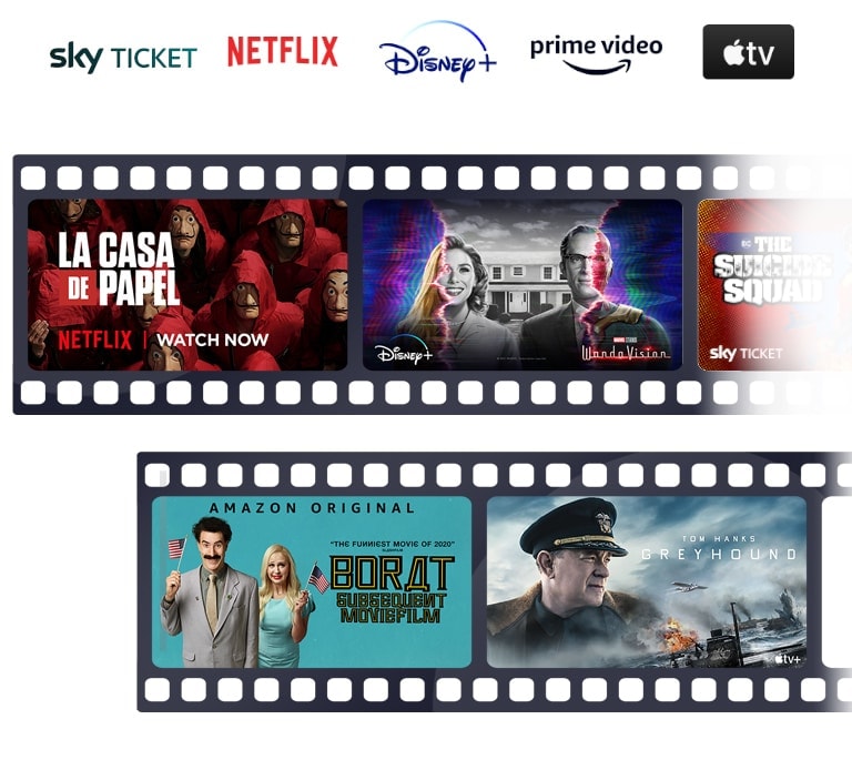 Die Logos von Netflix, Disney+, Amazon Prime Video und Apple TV sind horizontal angeordnet. Unter den Logos sind Poster von „Borat Anschluss Moviefilm“ von Amazon Original, „Haus des Geldes“ von Netflix, „WandaVision“ von Disney+ und „Greyhound – Schlacht im Atlantik“ von Apple TV ebenfalls horizontal aufgereiht.