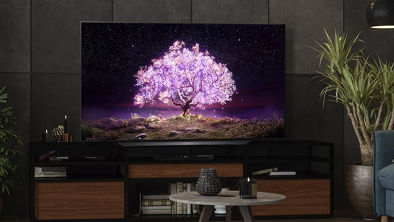Ein Fernseher, der mittig einen leuchtenden rosafarbenen Baum anzeigt, steht in einem dunklen Wohnzimmer.