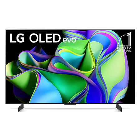 Vorderansicht mit dem LG OLED evo „10 Years World No.1“-OLED-Logo und Logo für 5 Jahre Garantie auf das Display auf dem Bildschirm