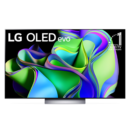 Vorderansicht mit dem LG OLED evo „10 Years World No.1“-OLED-Logo und Logo für 5 Jahre Garantie auf das Display auf dem Bildschirm