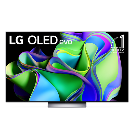 Vorderansicht mit dem LG OLED evo „10 Years World No.1“-OLED-Logo und Logo für 5 Jahre Garantie auf das Display auf dem Bildschirm