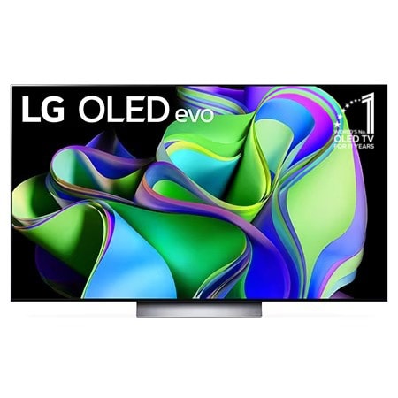 Vorderansicht mit dem LG OLED evo „10 Years World No.1“-OLED-Logo und Logo für 5 Jahre Garantie auf das Display auf dem Bildschirm