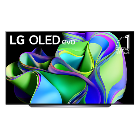 Vorderansicht mit dem LG OLED evo „10 Years World No.1“-OLED-Logo und Logo für 5 Jahre Garantie auf das Display auf dem Bildschirm