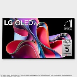 Vorderansicht mit dem LG OLED evo, „10 Years World No.1“-OLED-Logo und Logo für 5 Jahre Garantie auf das Display auf dem Bildschirm