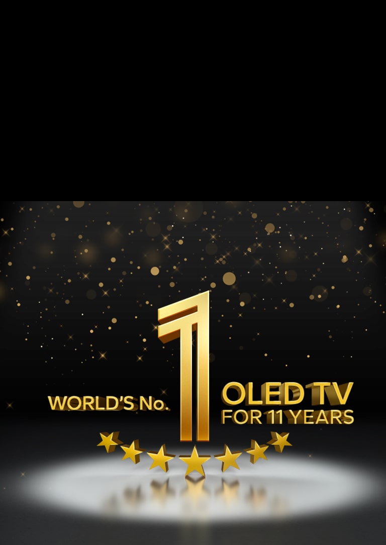 Ein goldenes Emblem der weltweiten Nummer 1 unter den OLED TVs seit 11 Jahren vor einem schwarzen Hintergrund. Ein Lichtstrahl leuchtet auf das Emblem, und goldene abstrakte Sterne füllen den Himmel darüber.	