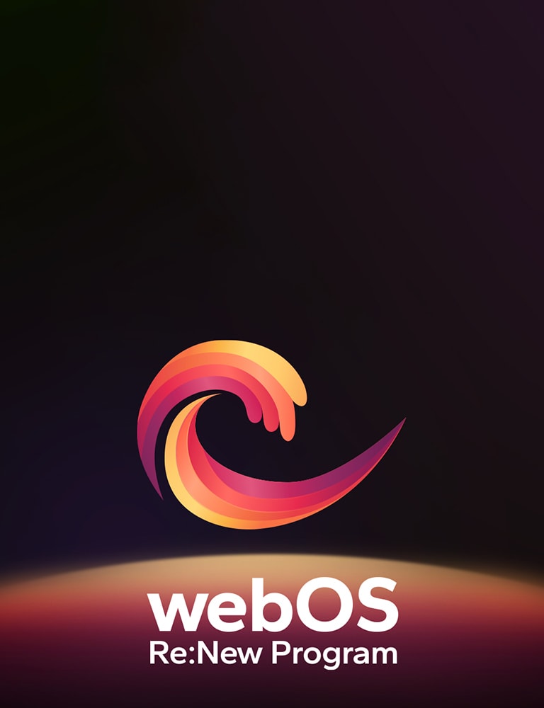 webOS Re:New Programm-Logo hat einen schwarzen Hintergrund mit einer gelben und orangefarbenen, violetten kreisförmigen Kugel am unteren Rand. 	