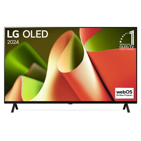 Frontansicht des LG OLED TV B4, 11 Jahre Nummer 1 Logo und webOS Re:New Programm-Logo auf dem Bildschirm mit 2-poligem Standfuß 		