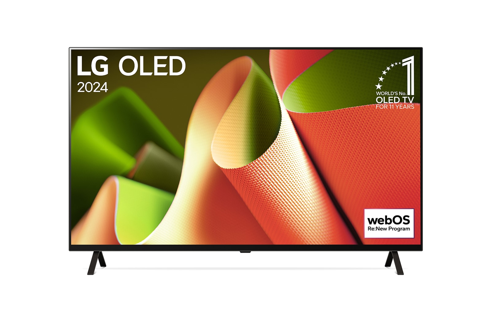 Frontansicht des LG OLED TV B4, 11 Jahre Nummer 1 Logo und webOS Re:New Programm-Logo auf dem Bildschirm mit 2-poligem Standfuß